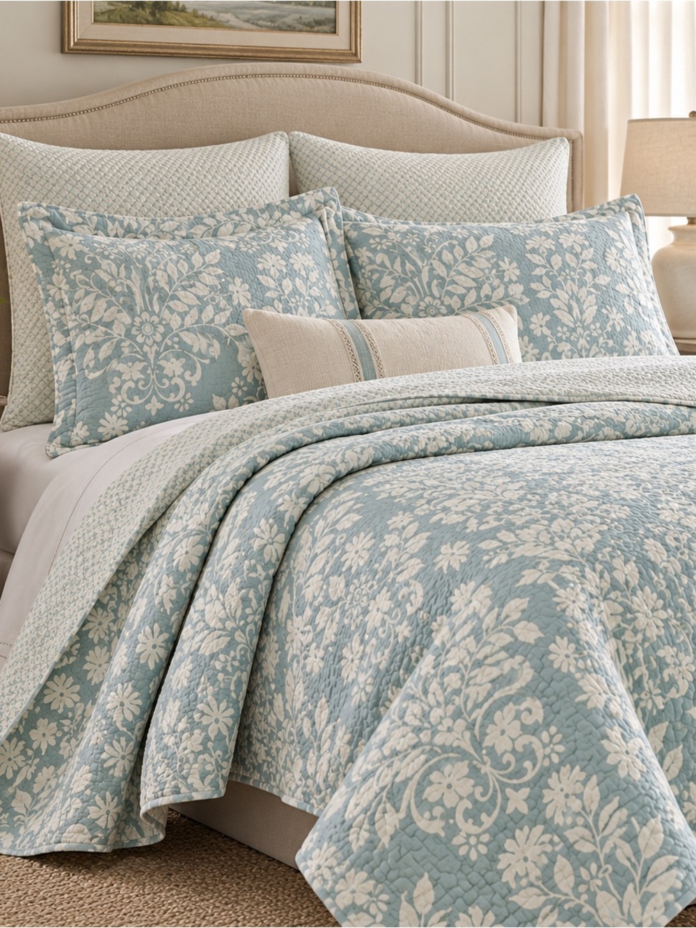 Laura Ashley Rowland 3-Piece Breeze Blue Floral Cotton Full/Queen Quilt Set